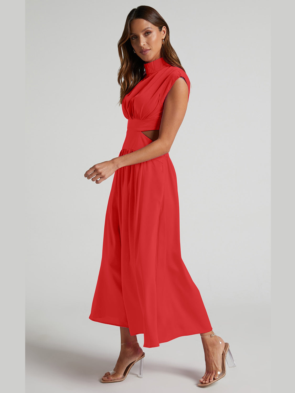 Cutout Mock Neck Sleeveless Ruched Dress - Ladyez