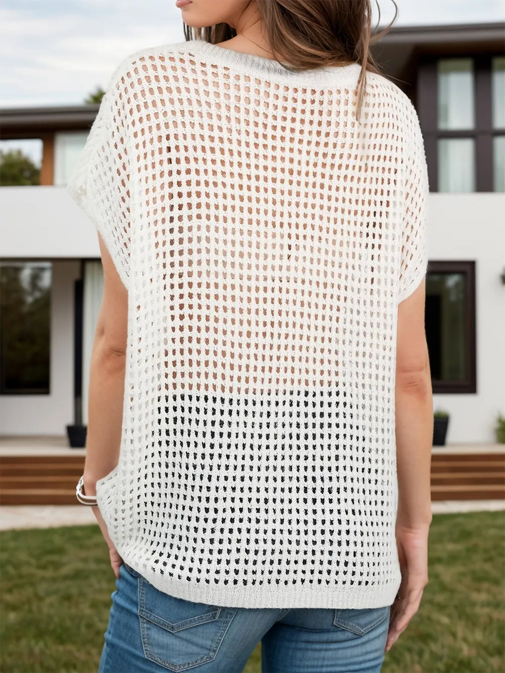 Openwork Round Neck Short Sleeve Cover-Up - Ladyez