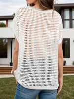 Openwork Round Neck Short Sleeve Cover-Up - Ladyez