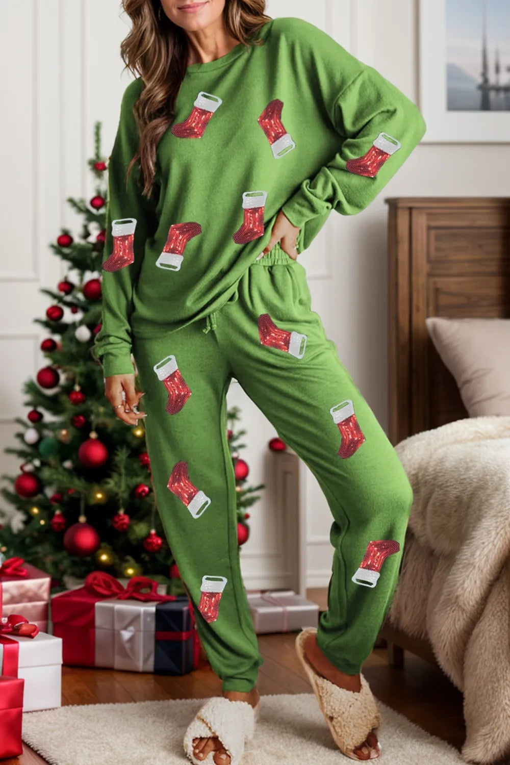 Sequin Socks Round Neck Long Sleeve Top and Pants Lounge Set - Ladyez
