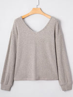 Ribbed V Neck Contrast Ribbon Bow Back Drop Shoulder Long Sleeve Top