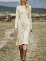 Suede Fringe Long Sleeve Midi Dress