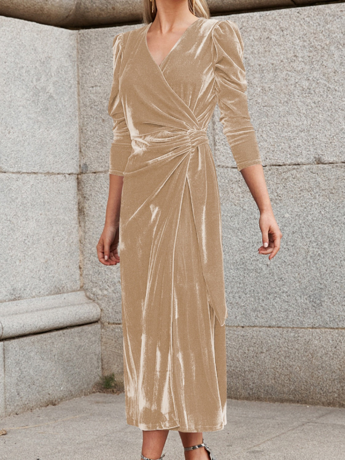 Surplice Puff Sleeve Midi Dress - Ladyez