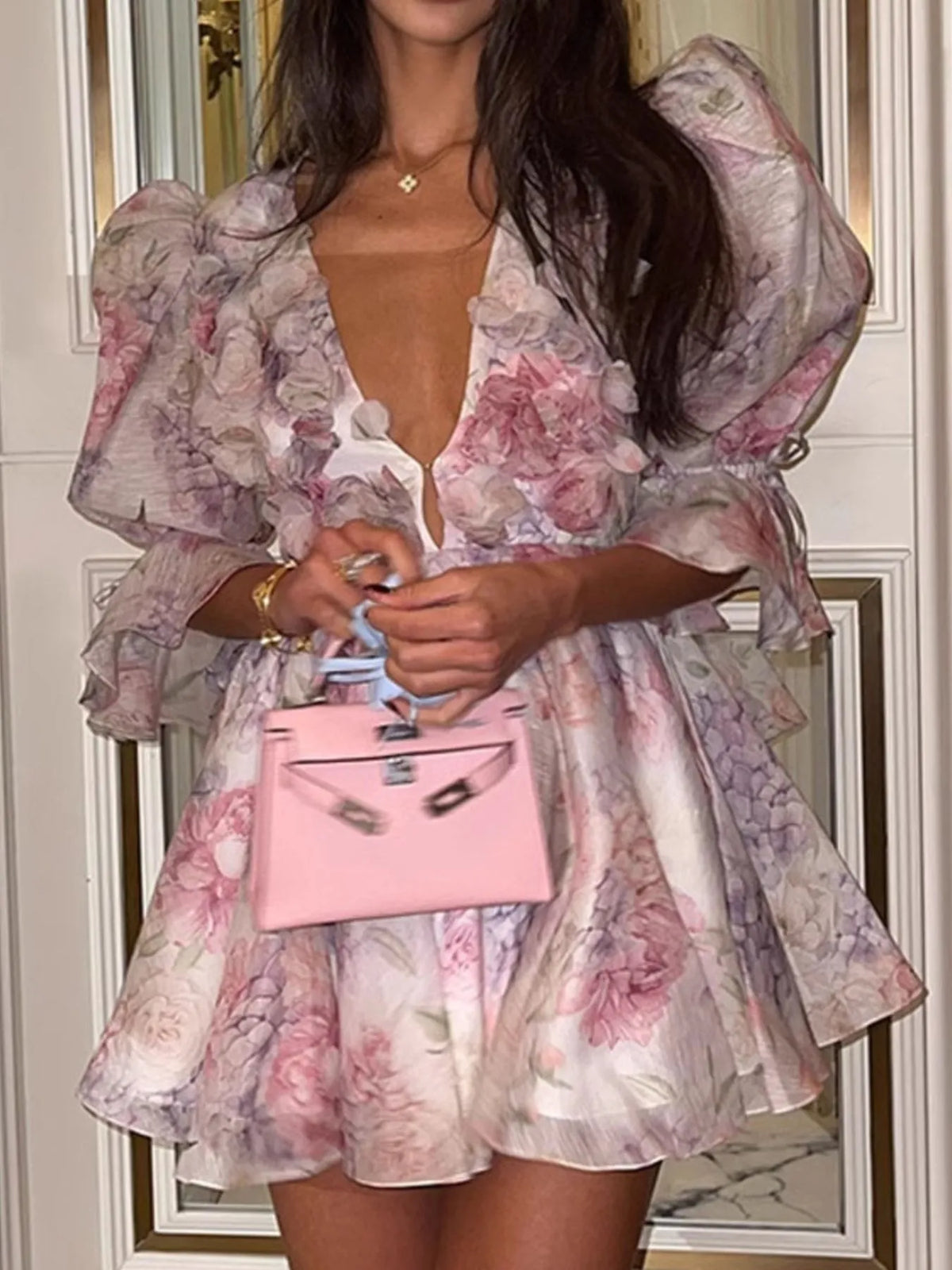 Floral Print Ruffled Mini Dress with Deep V-Neck - Ladyez