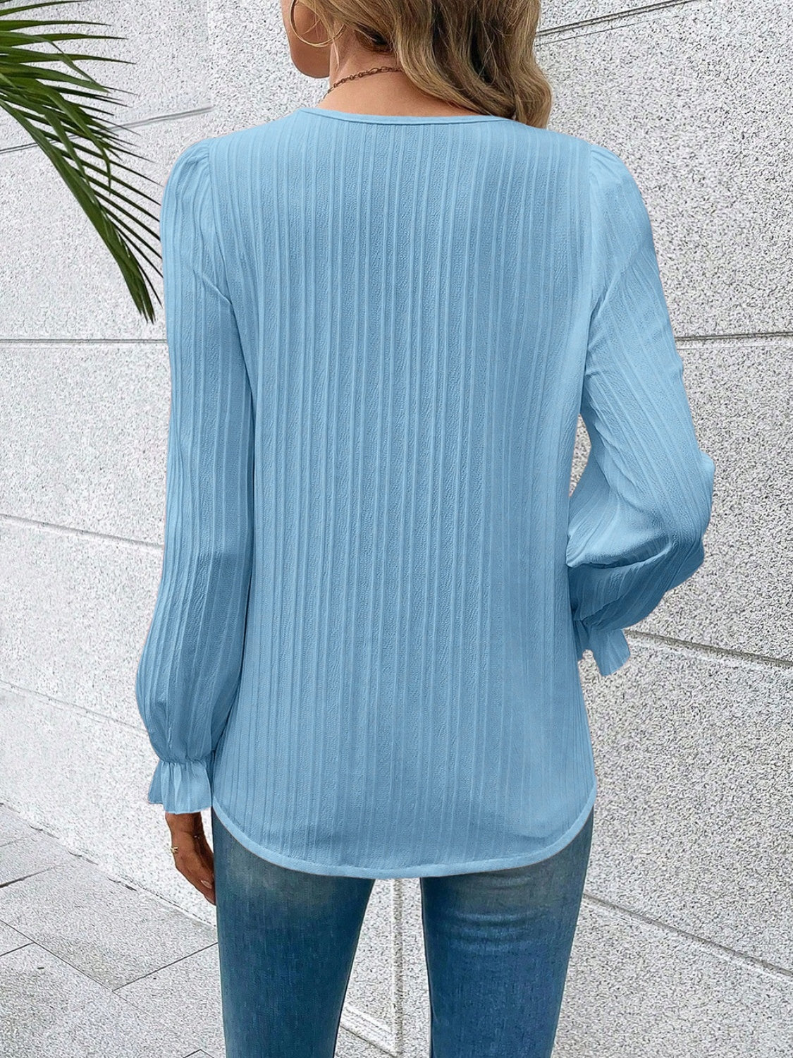V-Neck Lace Detail Flounce Sleeve Blouse - Ladyez
