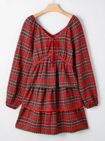 Plaid Print Ricrac Tiered Bubble Sleeve Mini Dress
