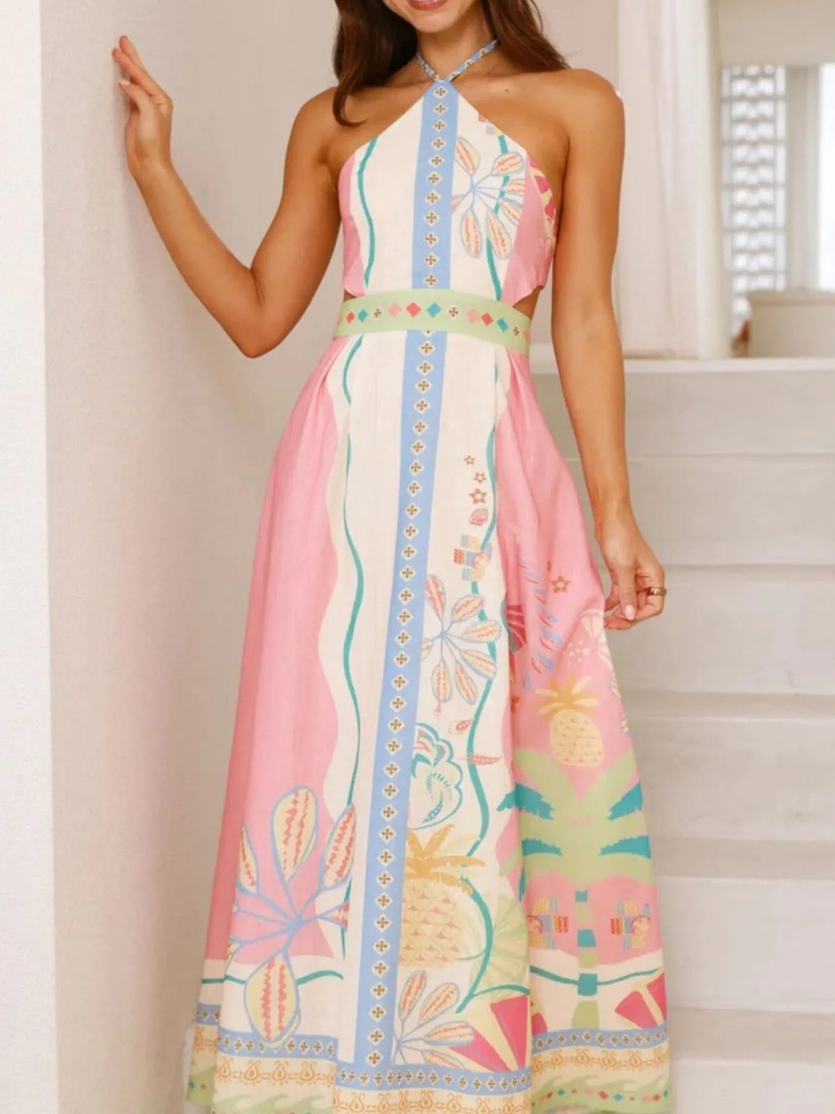 Halter Neck Printed Maxi Dress - Ladyez