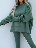 Solid Color Oversize Slit Sweatshirt and Ribbed Leggings 2pcs Set