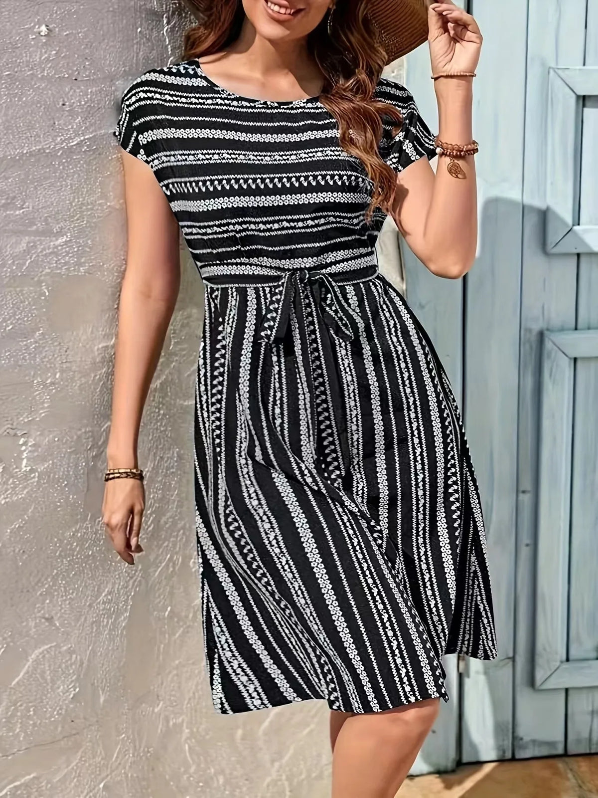 Striped Round Neck Short Sleeve Casual Dress
