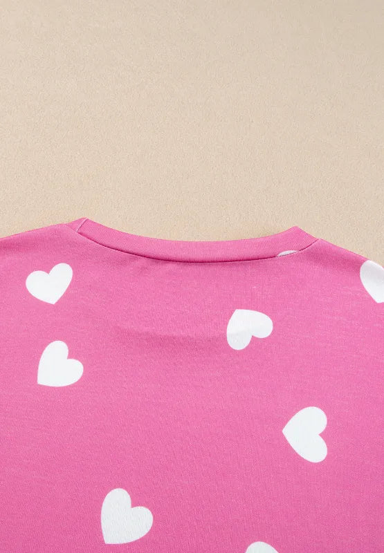 Heart Round Neck Long Sleeve Top and Elastic Waist Shorts Set - Ladyez