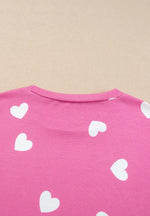 Heart Round Neck Long Sleeve Top and Elastic Waist Shorts Set - Ladyez