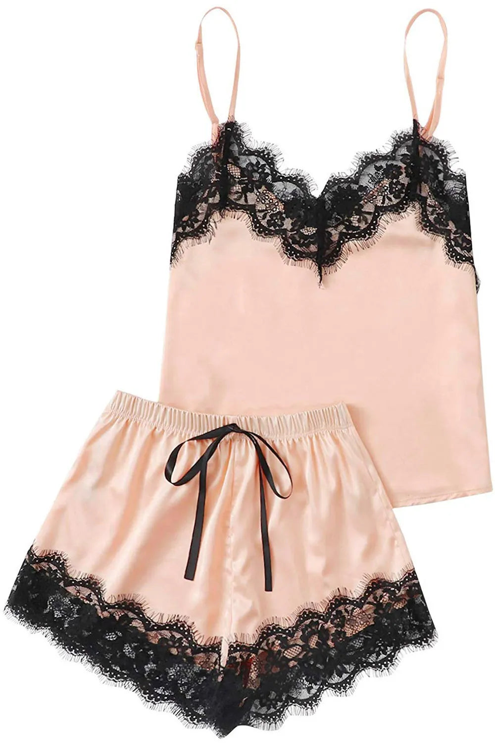 Lace Detail Spaghetti Strap Top and Shorts Lounge Set - Ladyez