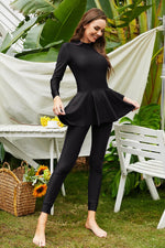 Mock Neck Long Sleeve One-Piece Swimwear - Ladyez