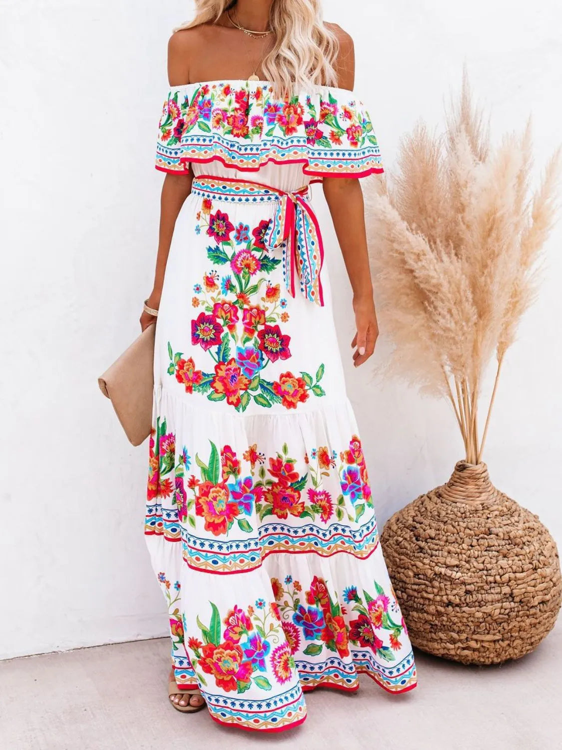Floral Off Shoulder Ruffle Maxi Dress - Ladyez