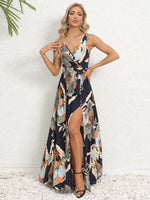 Slit Tied Printed Surplice Dress - Ladyez