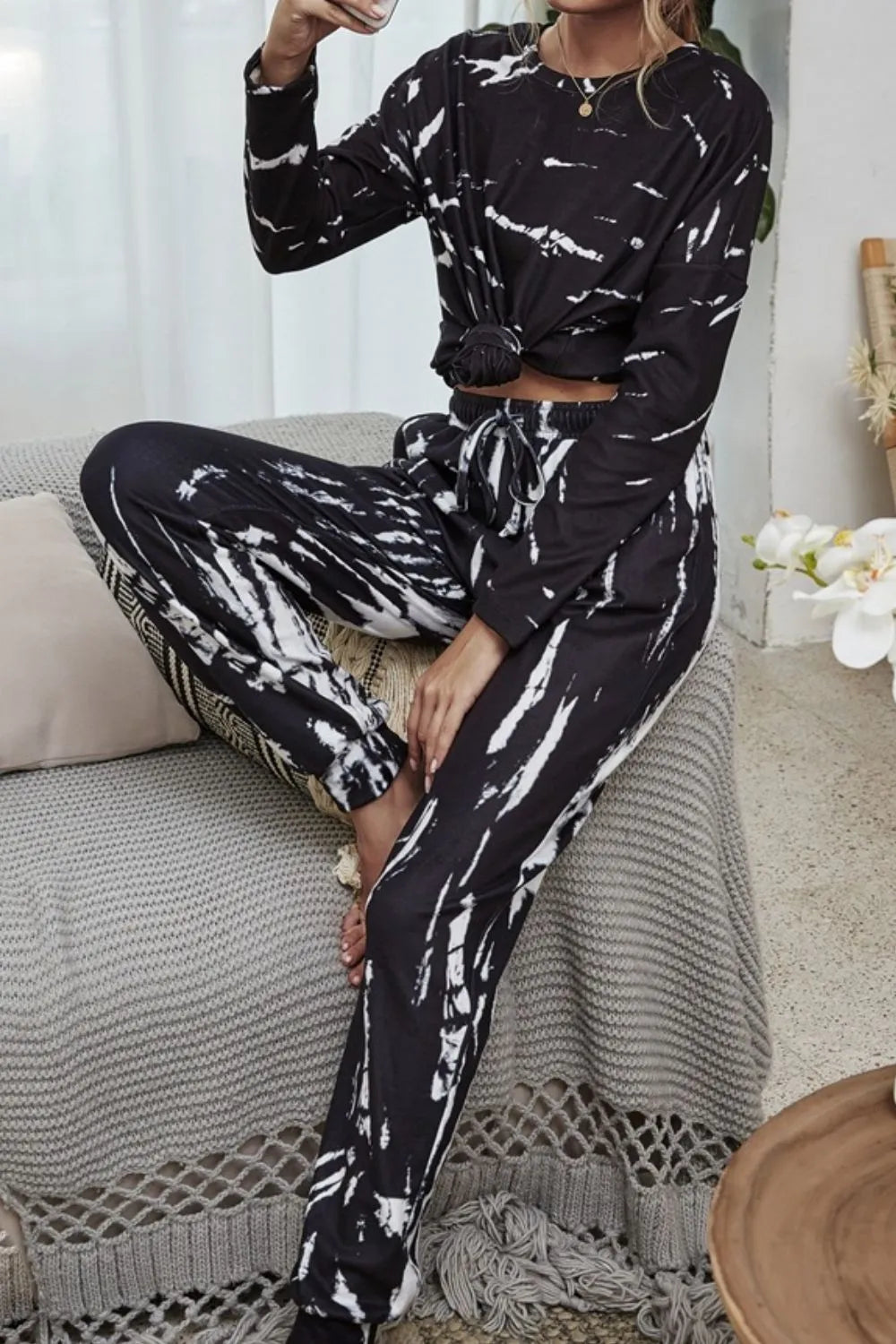 Shiny Tie-Dye Round Neck Top and Drawstring Waist Joggers Lounge Set - Ladyez