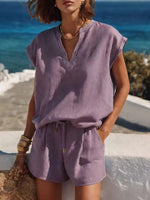 Full Size Notched Cap Sleeve Top and Shorts Set Plus Size
