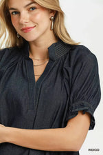 Umgee Chambray Puff Sleeve Scallop Hem Blouse
