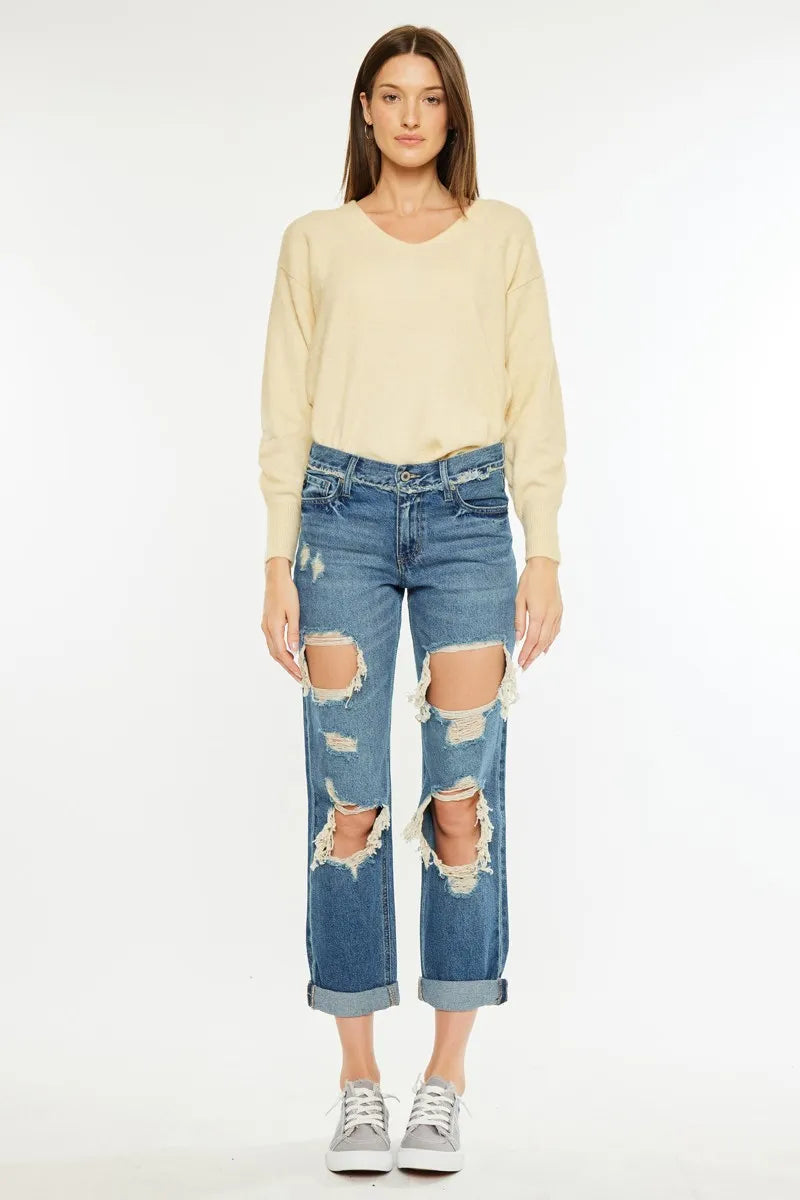 Kancan Distressed Mid Rise True Boyfriend Jeans - Ladyez
