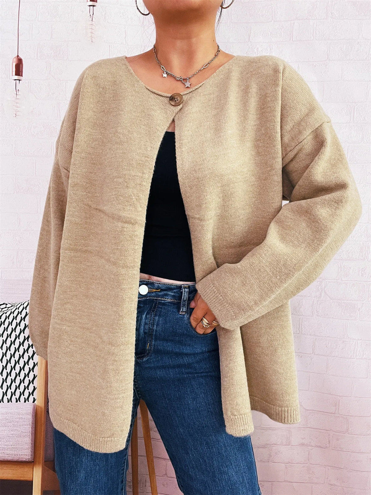 One Button Front Drop Shoulder Cardigan
