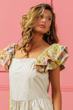 BiBi Flower Embroidered Floral Print Sleeve Dress