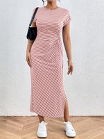 Honey Tied Striped Round Neck Short Sleeve Tee Dress - Ladyez