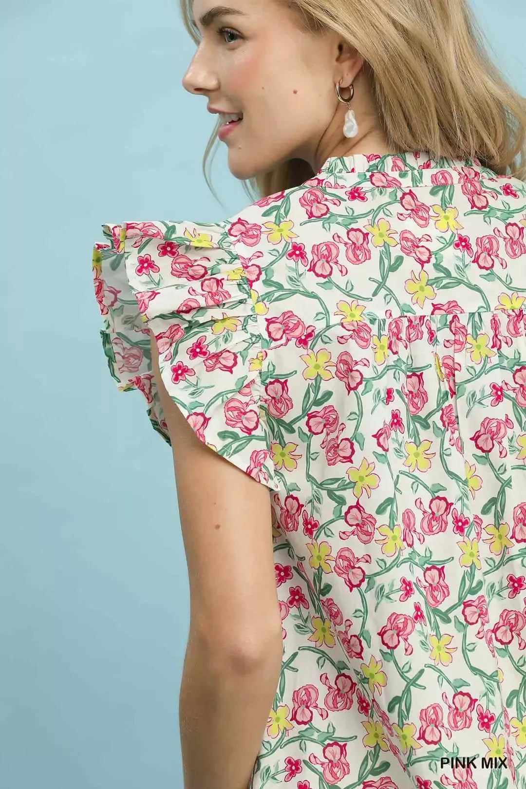 Umgee Floral Print RuffleCap Sleeve Shirt