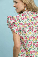Umgee Floral Print RuffleCap Sleeve Shirt