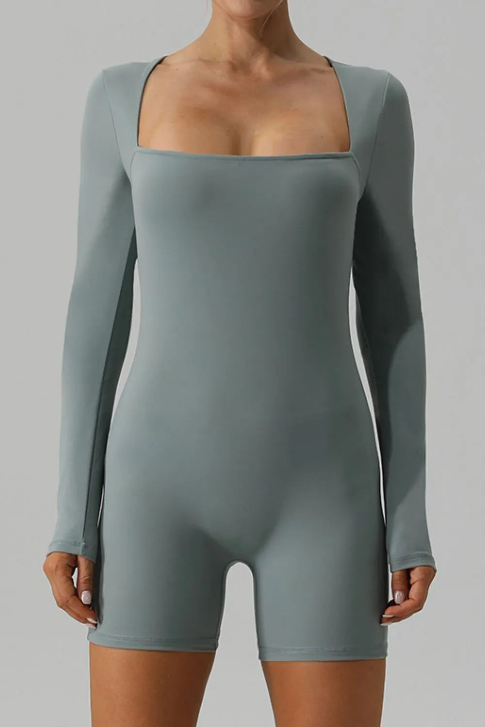Square Neck Long Sleeve Active Romper - Ladyez