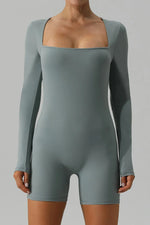 Square Neck Long Sleeve Active Romper - Ladyez