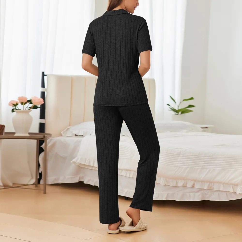 Button Down Long Sleeve Top and Pants Lounge Set - Ladyez