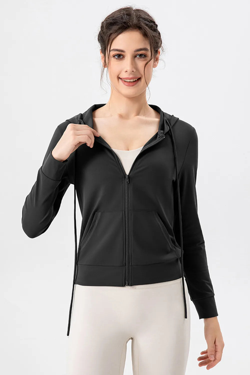 Drawstring Zip Up Hooded Active Outerwear - Ladyez