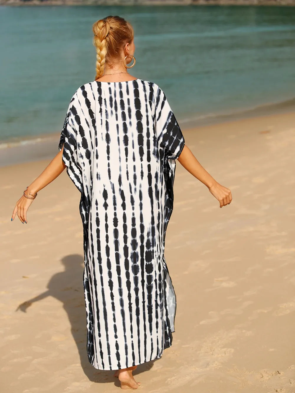 Tie-Dye V-Neck Half Sleeve Cover-Up - Ladyez
