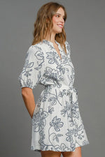 Umgee Full Size Floral Print Notched Puff Sleeve Mini Dress Plus Size