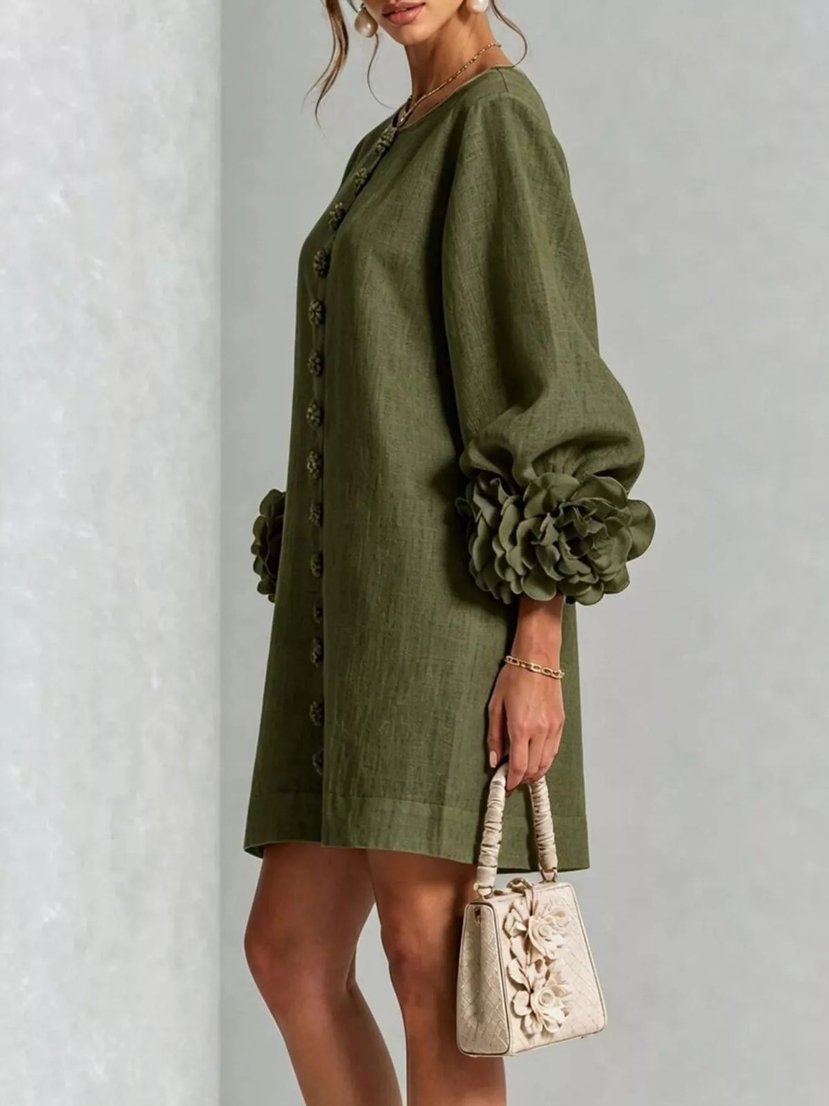 3D Floral 3/4 Sleeve Mini Dress