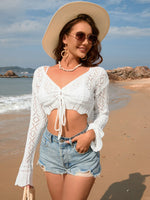 Drawstring Openwork Long Sleeve Cover-Up - Ladyez