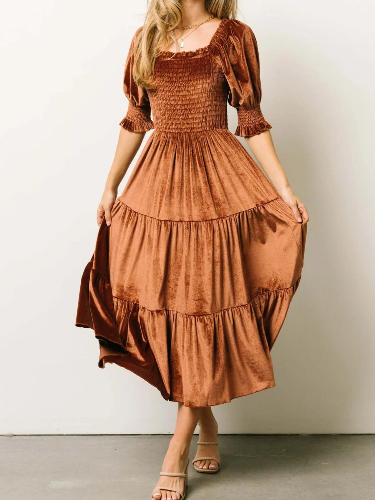 Smocked Half Sleeve Tiered Midi Dress - Ladyez