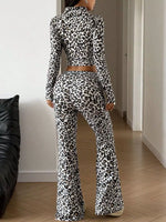 Leopard Print Zip-Up Crop Top and Flared Pants Two-Piece Set