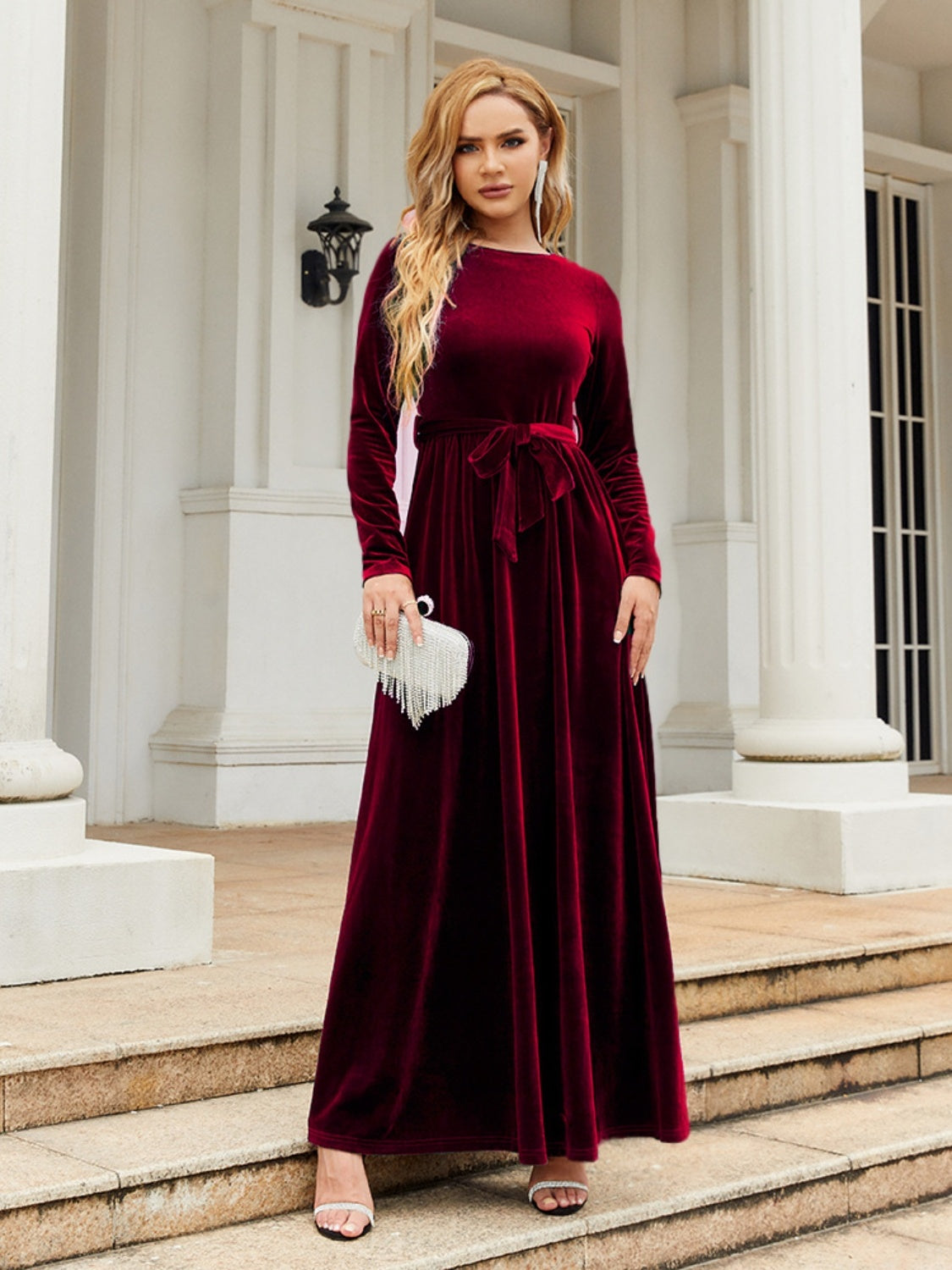 Tie Front Round Neck Long Sleeve Maxi Dress - Ladyez
