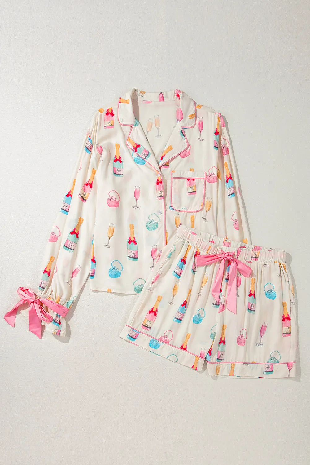 Bow Printed Collared Neck Top and Drawstring Shorts Lounge Set - Ladyez