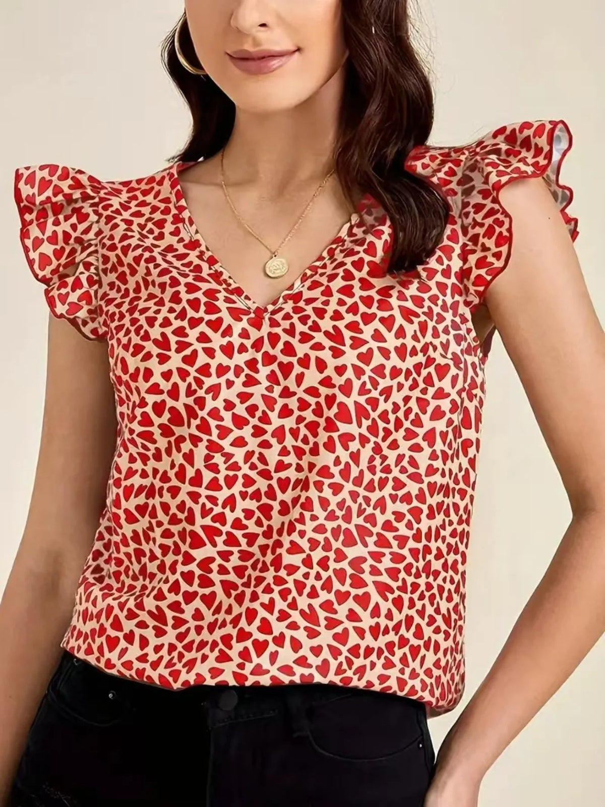 Floral Print Ruffle Sleeve V-Neck Blouse
