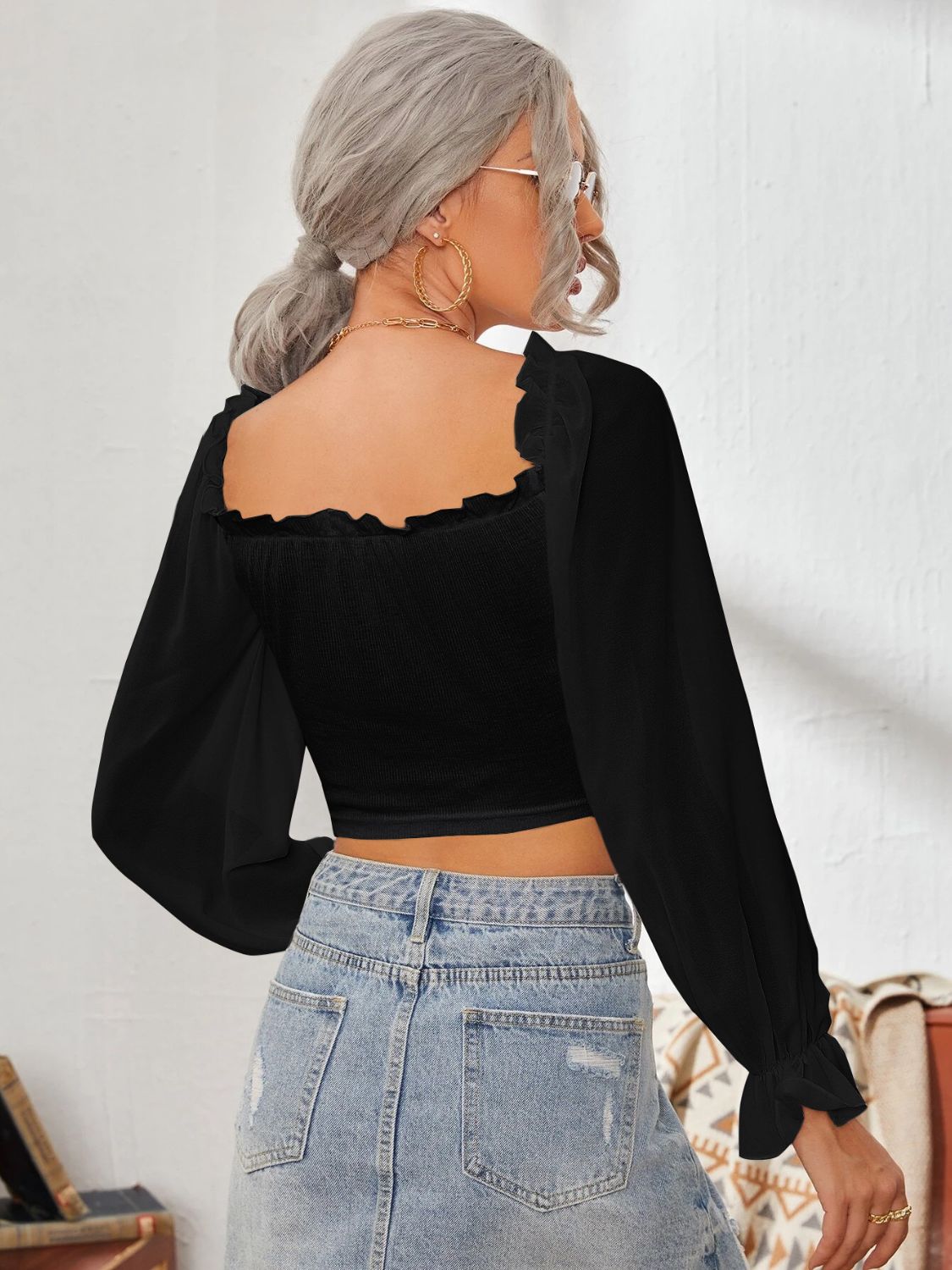 Mesh Sweetheart Neck Flounce Sleeve Top - Ladyez
