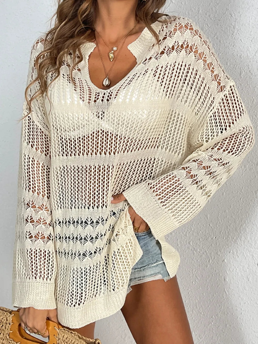 Cutout Notched Long Sleeve Cover-Up - Ladyez