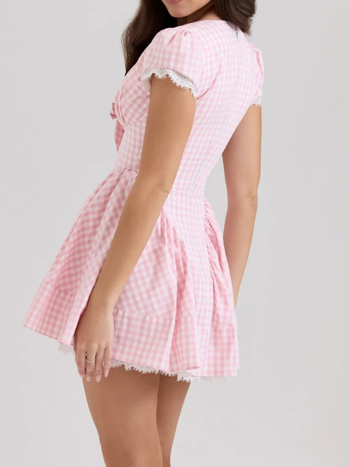 Gingham Ruffle Mini Dress with Lace Trim - Ladyez
