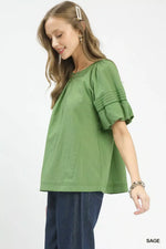 Umgee Round Neck Puff Sleeve Top with Contrast Stitch Detail