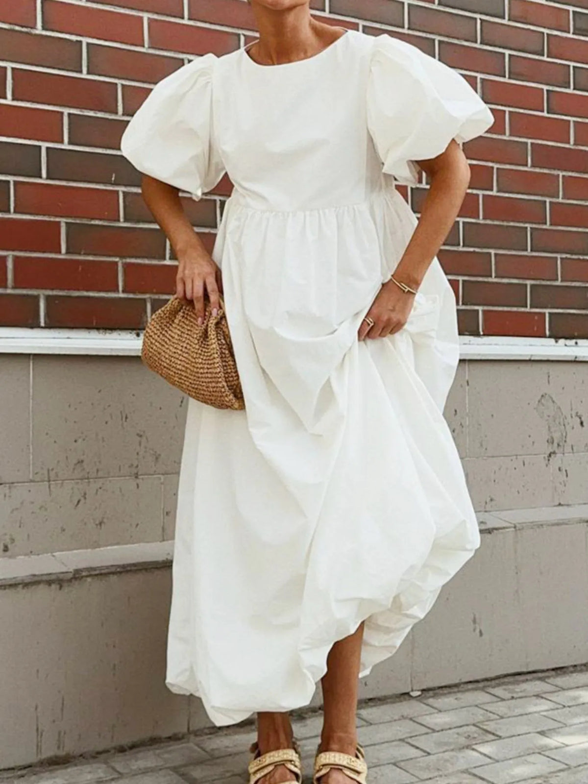 Puff Sleeve Round Neck Maxi Dress - Ladyez