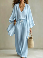 V-Neck Top & Cardigan & Pants Three-Piece Set