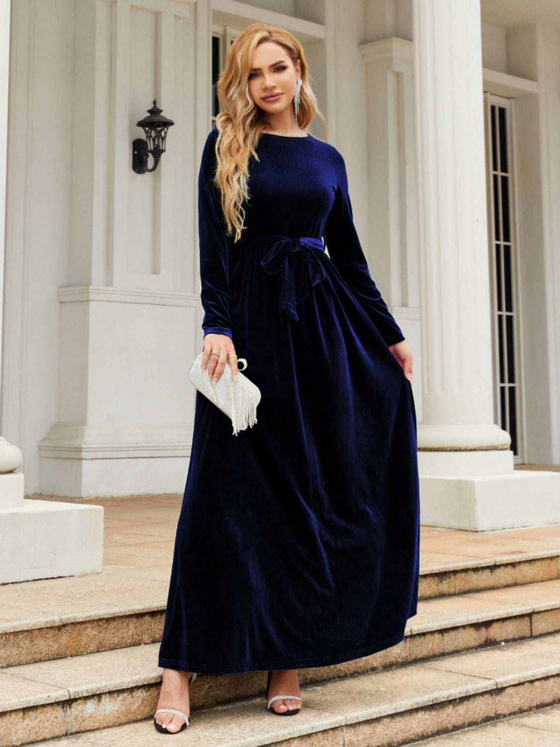 Tie Front Round Neck Long Sleeve Maxi Dress - Ladyez