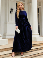 Tie Front Round Neck Long Sleeve Maxi Dress - Ladyez