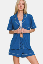 Zenana Button Down Short Sleeve Top and Shorts Lounge Set - Ladyez
